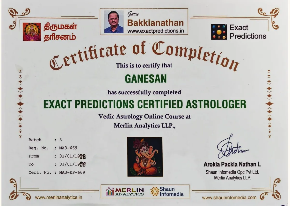 Certificate of completion, Exact Predictions Certified Astrologer, Merlin Analytics LLP