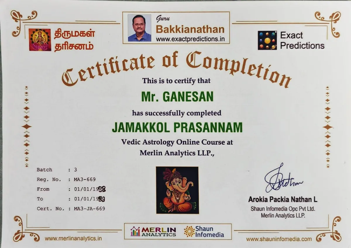 Certificate of completion, Jamakkol Prasannam course, Merlin Analytics LLP